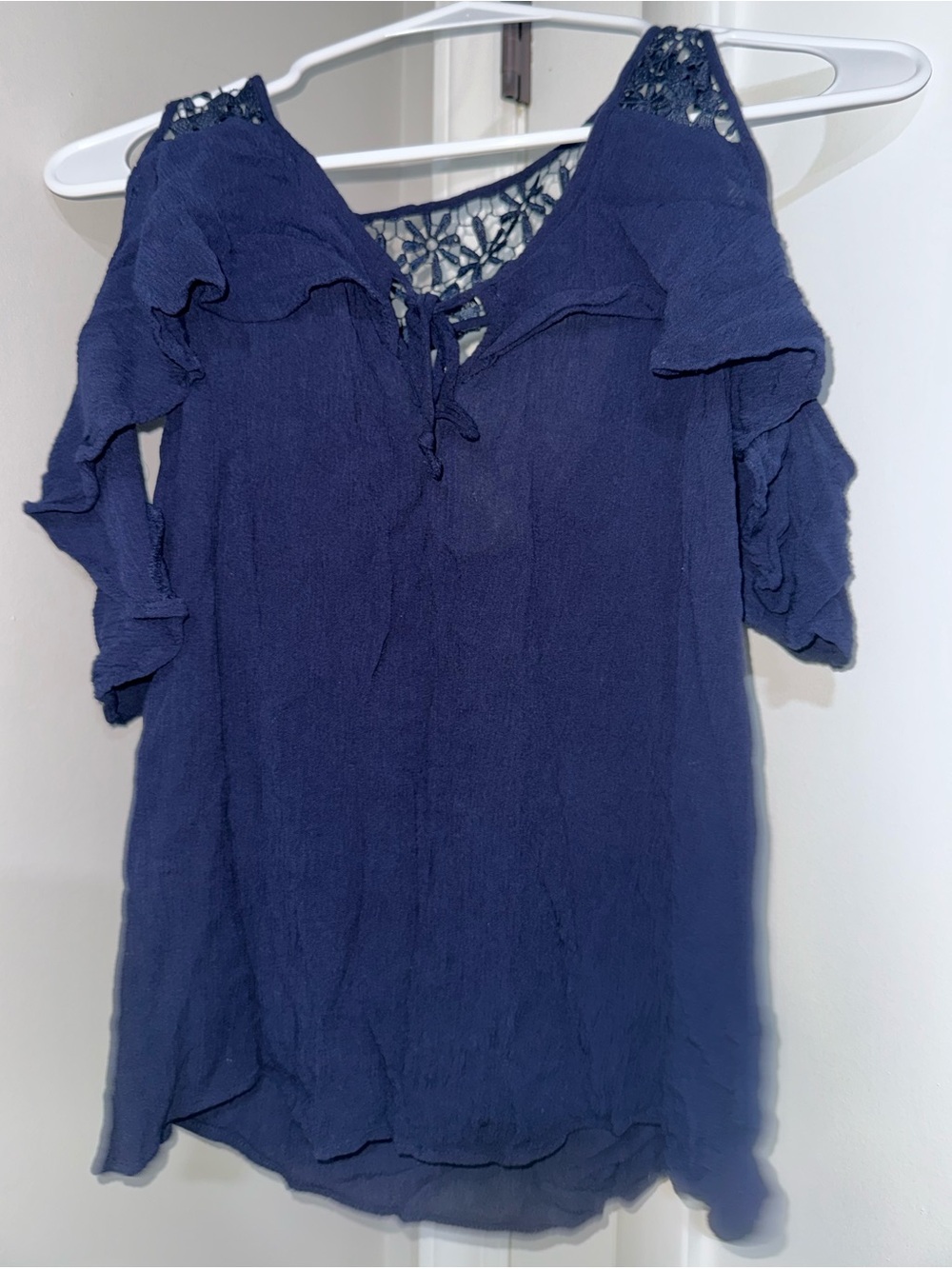 Iz Byer Navy Cold-Shoulder Lace-Back Blouse